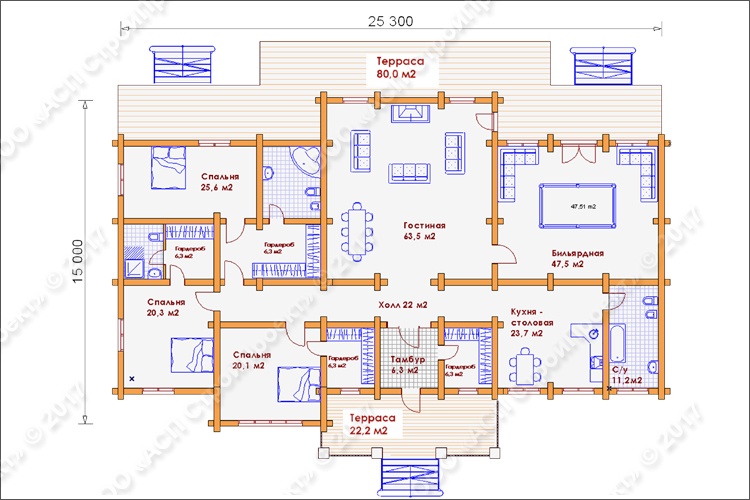 Пример планировки одноэтажного деревянного дома